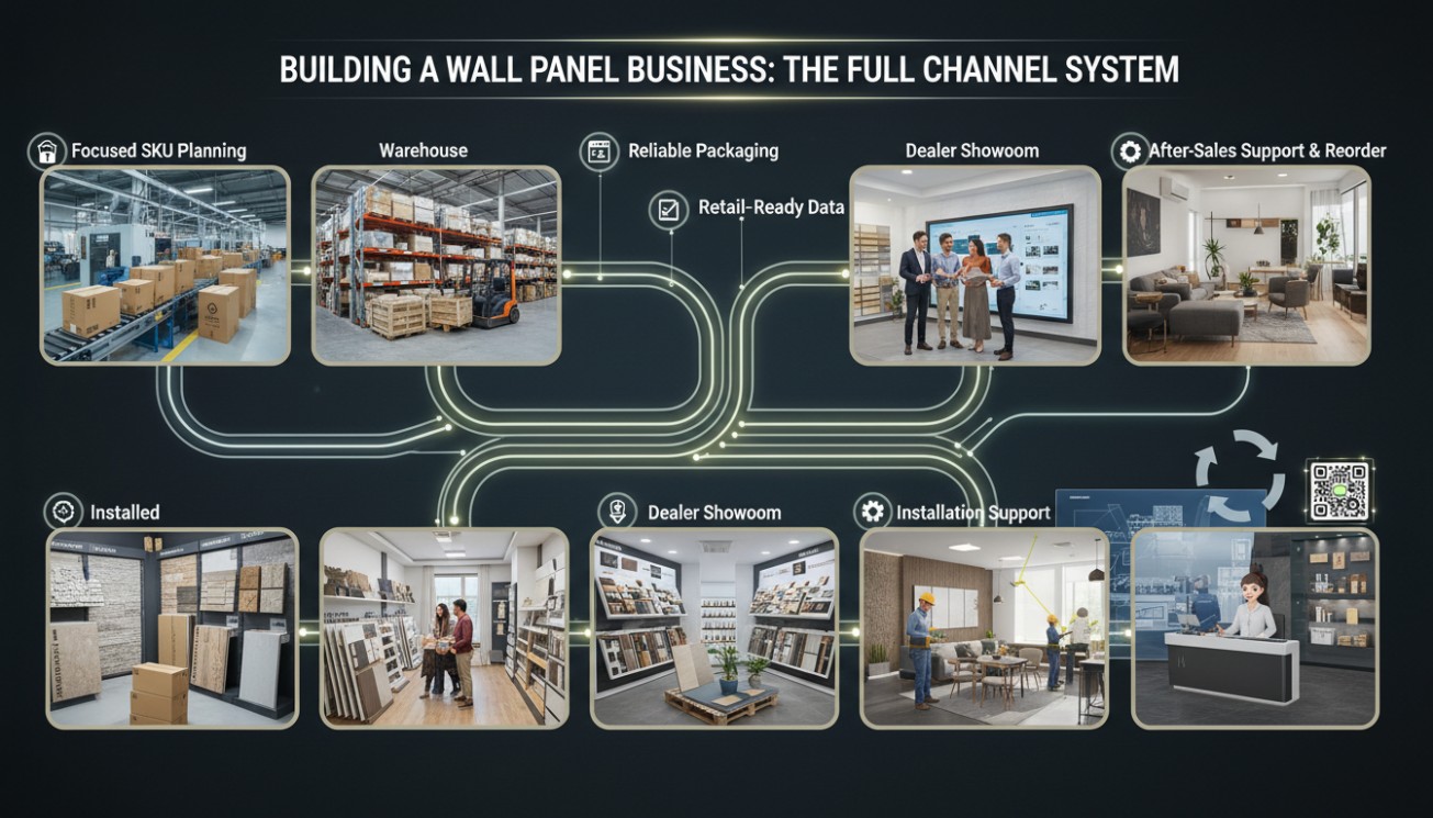 Complete PU wall panel distribution channel system from SKU planning and warehouse packaging to dealer showroom, installation support and after-sales service